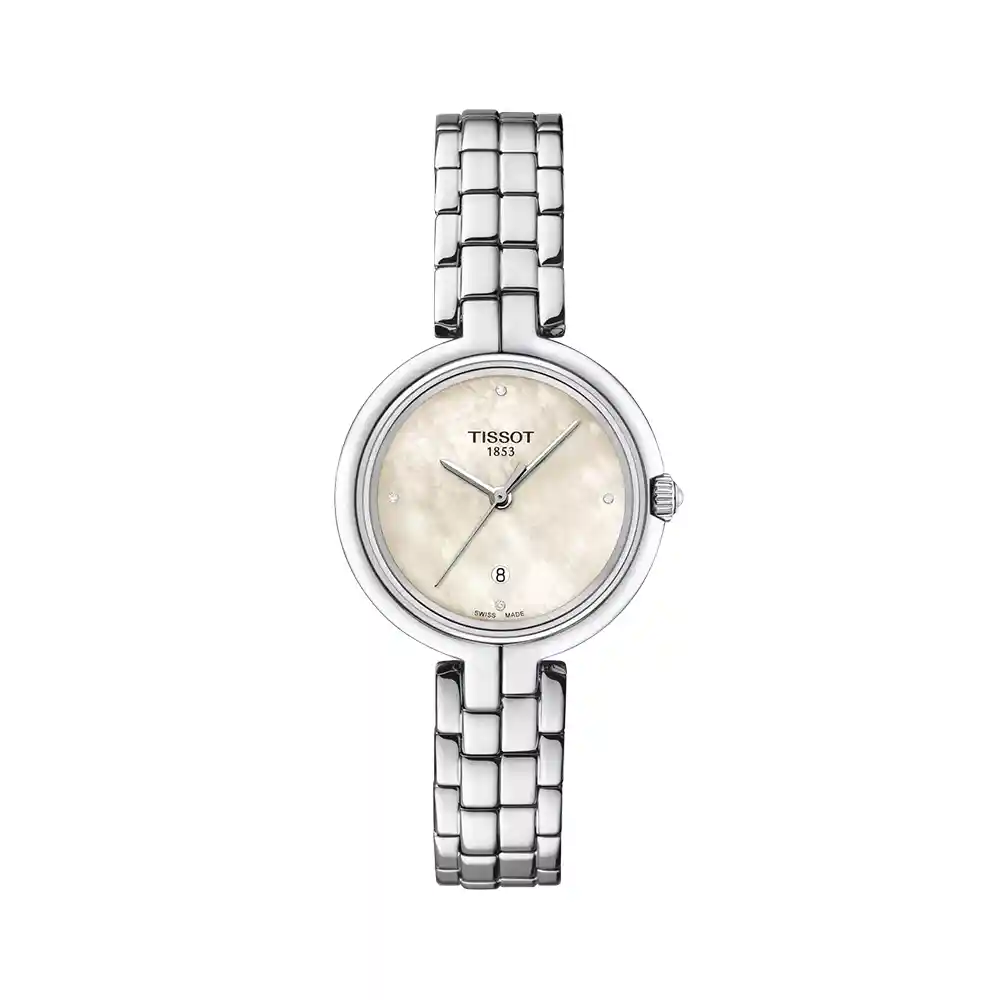 ساعت مچی تیسوت مدل T094.210.11.116.02 برند تیسوت (Tissot) مدل T094.210.11.116.02 کد محصول (SKU) T0942101111602 کالکشن Classic Contemporary اصالت برند سوئیس مناسب برای بانوان نوع موتور کوارتز سه‌عقربه‌ای ساخت سوئیس کالیبر موتور 7¾''' نوع باتری Renata 364 ولتاژ باتری ۱٫۵۵ ولت نوع نمایش آنالوگ (عقربه‌ای) شکل قاب گرد طول قاب ۳۰ میلی‌متر عرض قاب ۳۰ میلی‌متر ضخامت قاب ۶٫۳۵ میلی‌متر جنس قاب استیل ضدزنگ 316L جنس بزل استیل ضدزنگ جنس شیشه کریستال یاقوت کبود (Sapphire Crystal) مقاوم در برابر خط‌وخش مقاومت در برابر آب ۵۰ متر (۵ بار / ۵۰ ATM) رنگ صفحه صدفی سفید (White Mother-of-Pearl) نوع نشانگرها الماس تعداد الماس‌های روی صفحه ۴ عدد مجموع وزن الماس‌ها ۰٫۰۱ قیراط درجه خلوص الماس VS رنگ الماس Top Wesselton نوع تراش الماس 8/8 Single Cut قابلیت‌ها نمایش تاریخ، نشانگر پایان عمر باتری (EOL) جنس بند استیل ضدزنگ رنگ بند نقره‌ای (رنگ طبیعی استیل) نوع قفل قفل پروانه‌ای با دکمه‌های فشاری کد بند T605036542 کد لینک‌های بند T613027072، T613036543، T613038397 و T613038417 وزن ۶۲ گرم